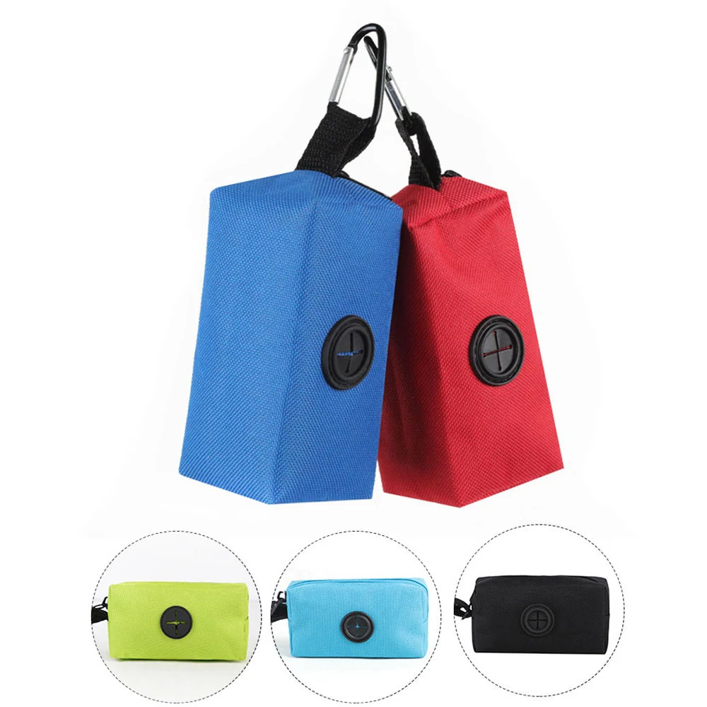 Blue and red fabric bags with carabiners, plus color options in green, light blue, and black.