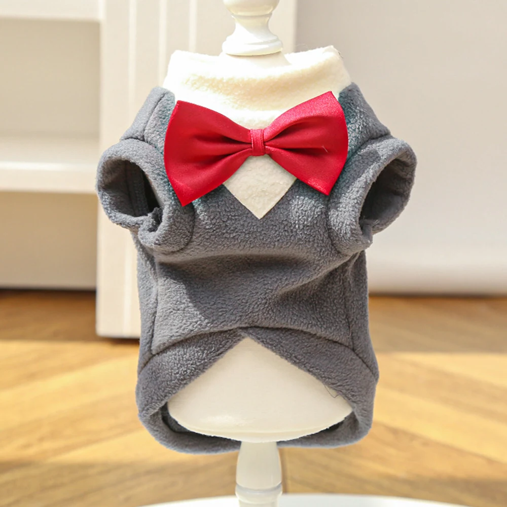 Grey fleece pet tuxedo vest with red bow tie displayed on a white mannequin