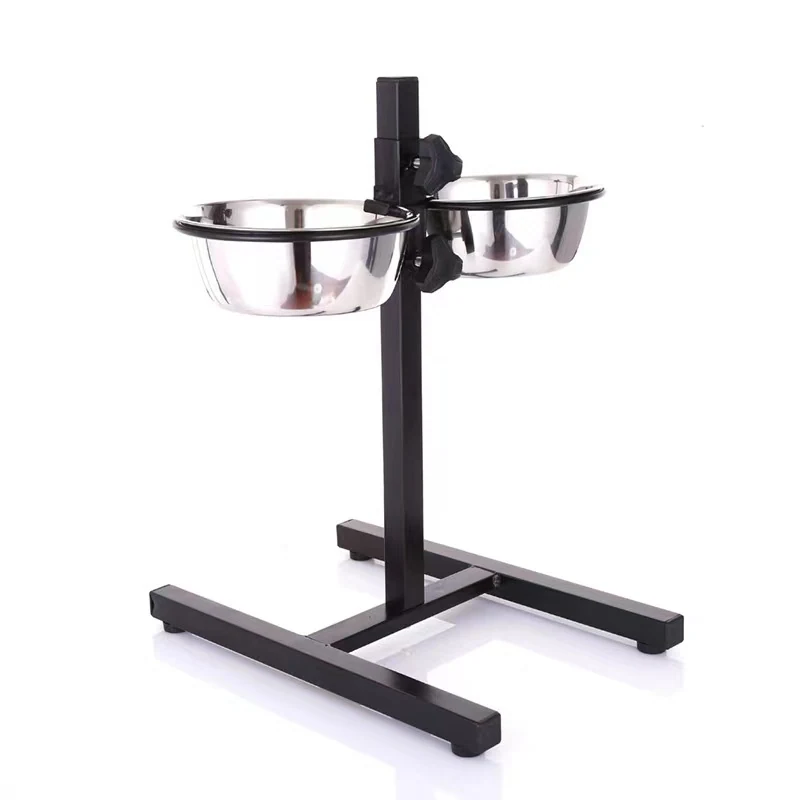 Stainless steel double bowl stand with black metal frame and adjustable height