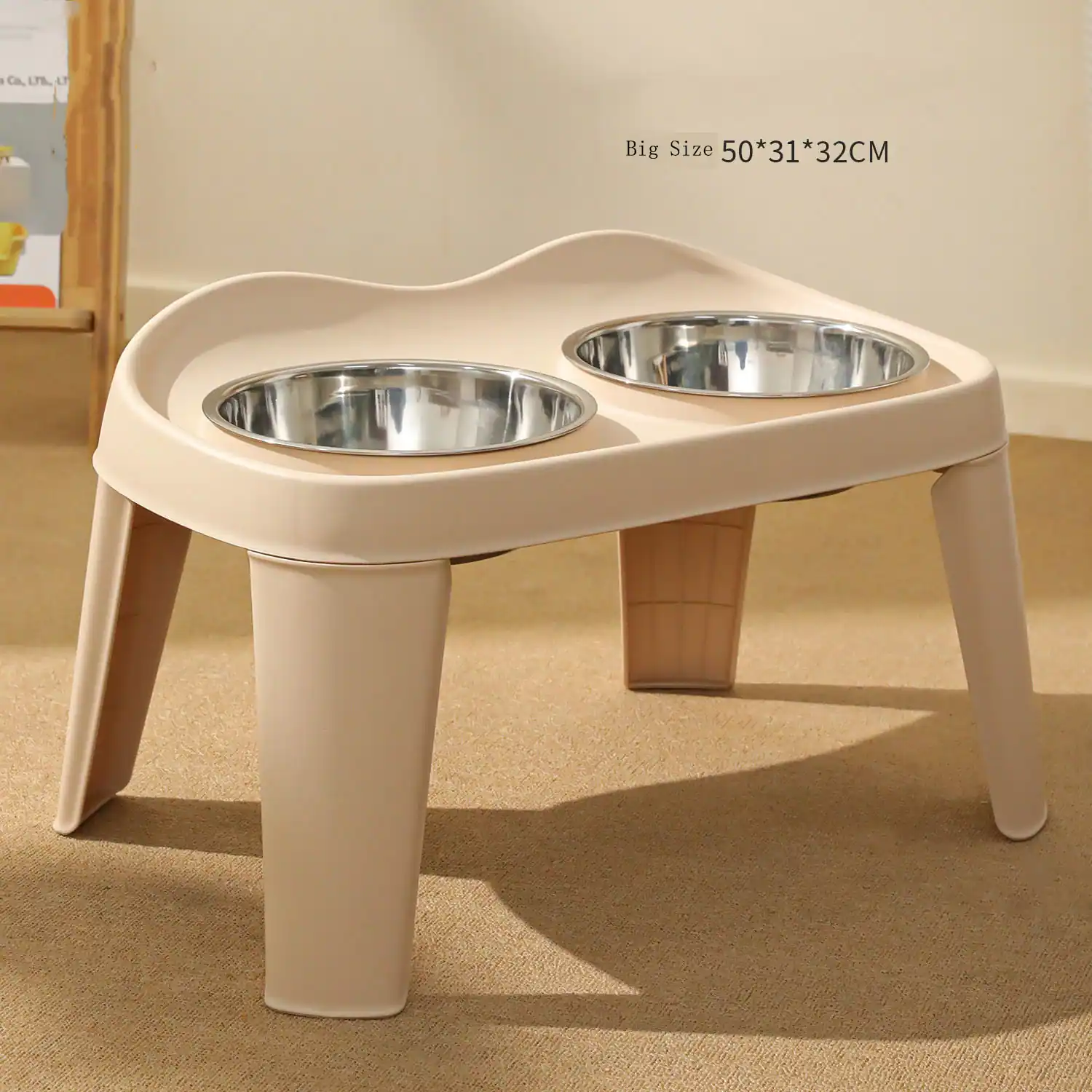 Elevated beige pet feeder stand with two stainless steel bowls