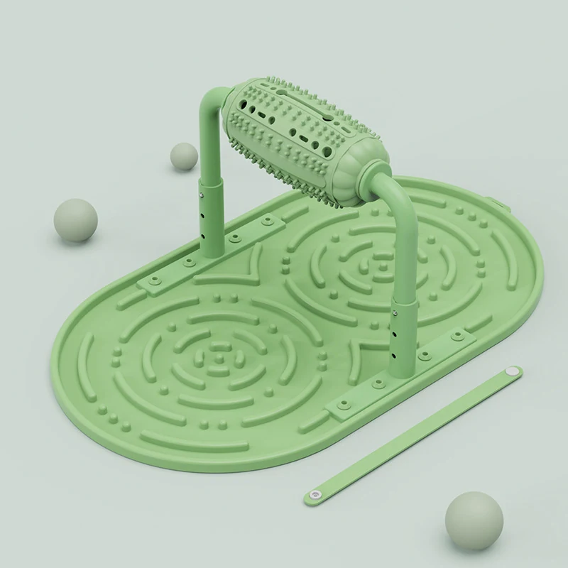 3D rendering of a mint green textured foot mat with handle and rolling ball