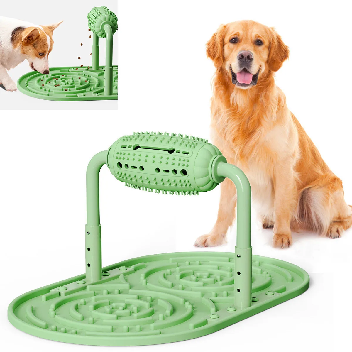 A green pet lick mat with an attached bone dispenser is displayed next to a golden retriever.