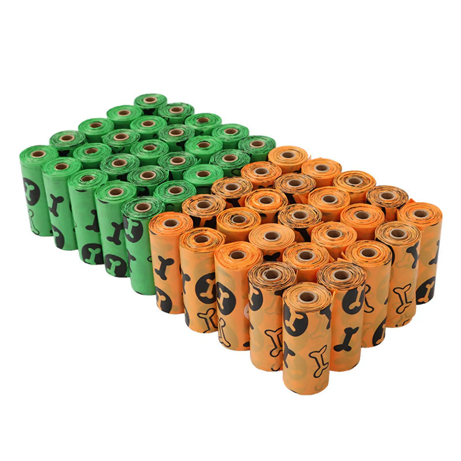Stacks of orange and green rolls featuring a black paw print pattern on a white background