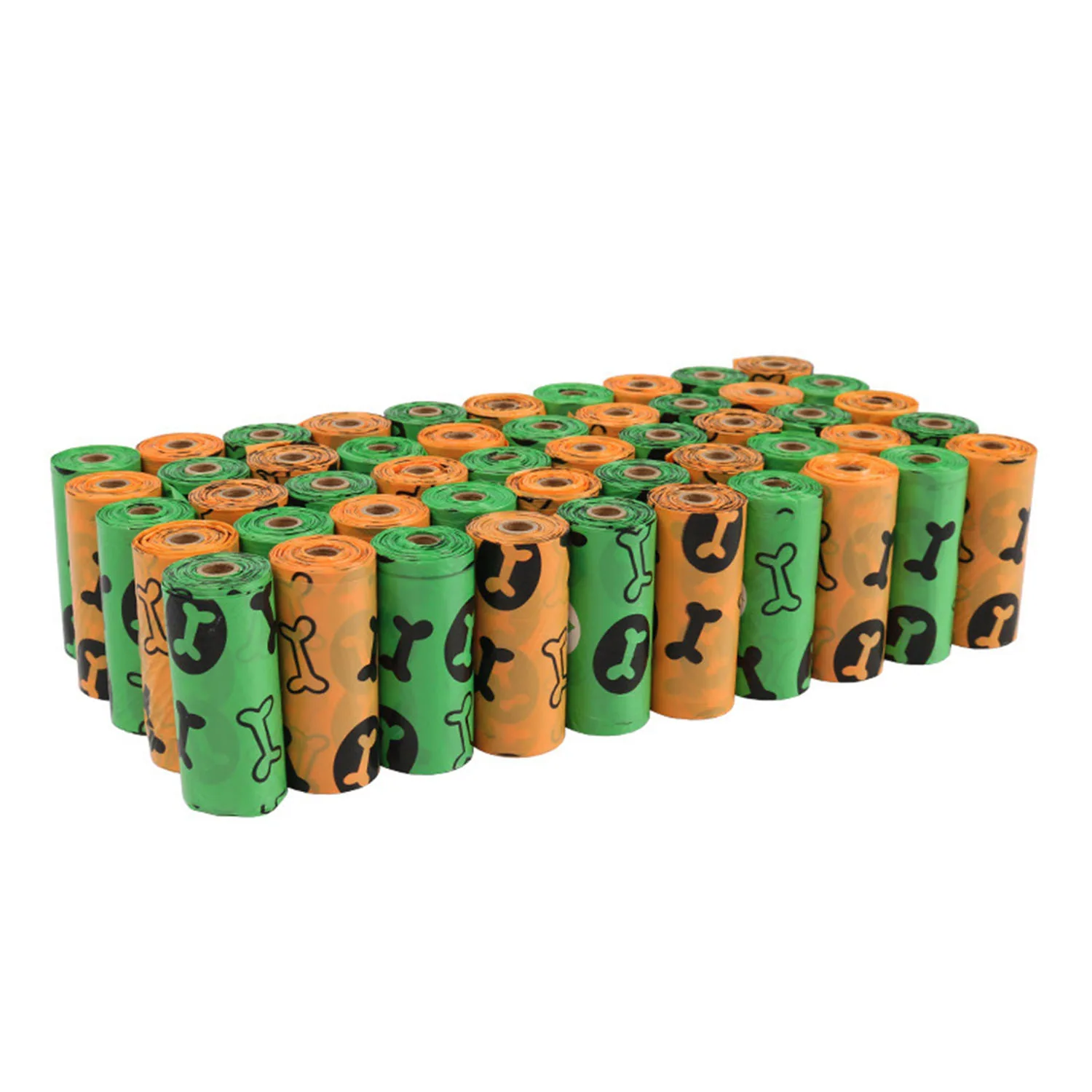 Multiple rolls of orange and green dog waste bags with black paw and bone prints arranged in rows
