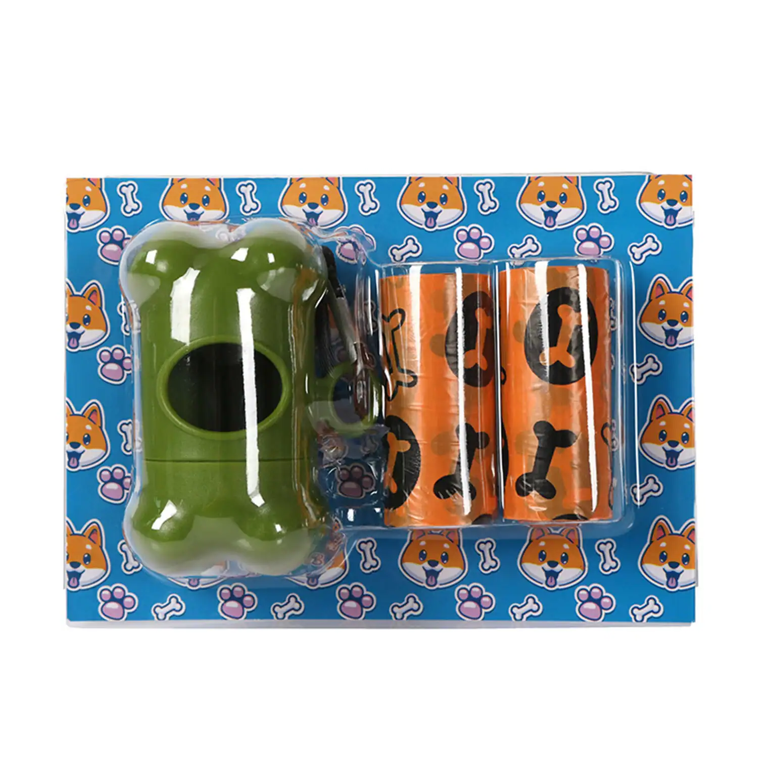A retail blister pack containing a green bone-shaped dog waste bag dispenser and two rolls of orange bags.