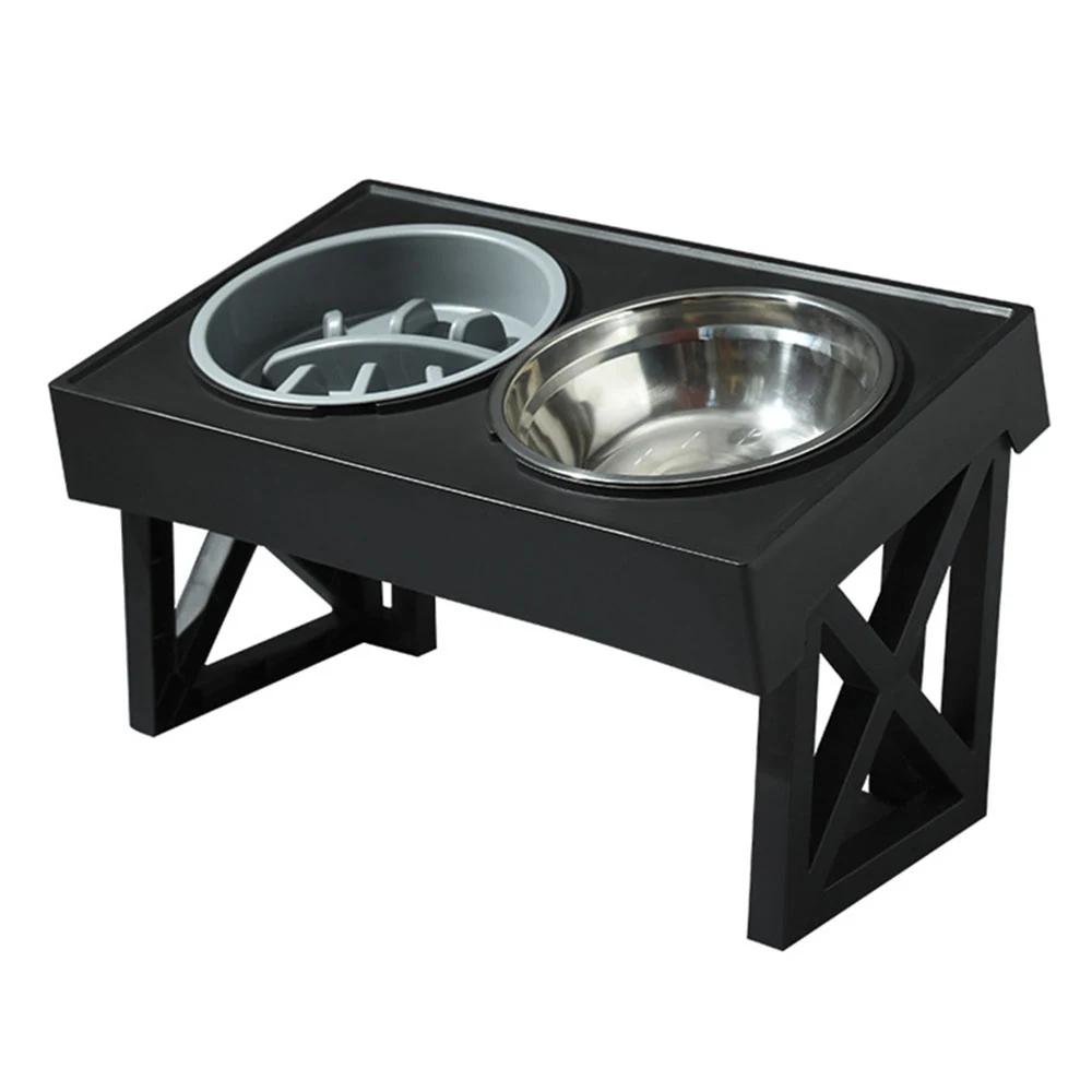 Black elevated wooden pet feeder stand with two bowls, one stainless steel and one grey slow feeder