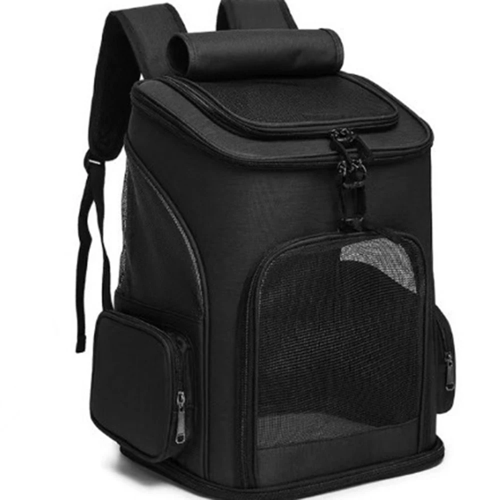Black backpack carrier with mesh ventilation panels and side storage pockets