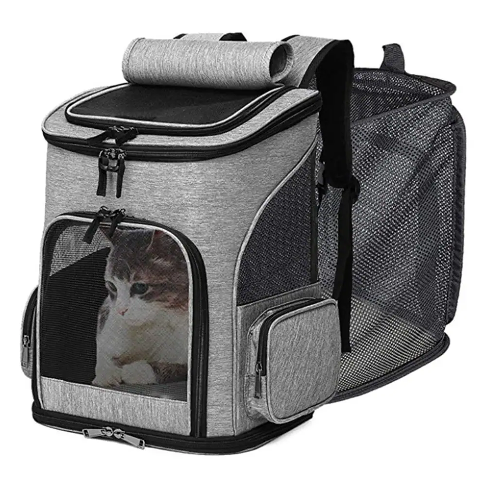 Grey pet backpack carrier with mesh windows containing a cat