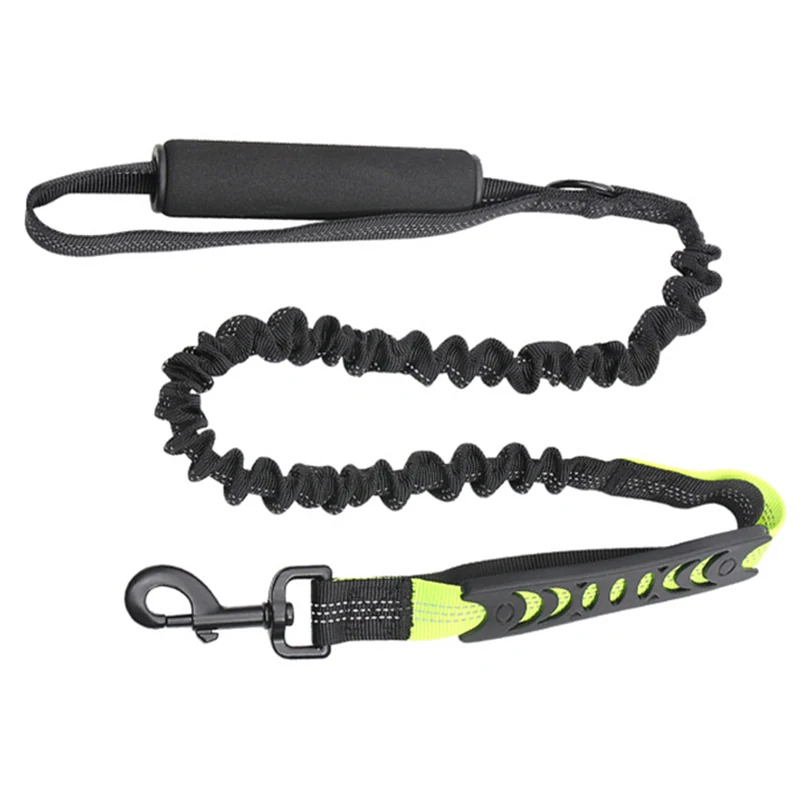 Black retractable dog leash with foam handle and neon green padded grip