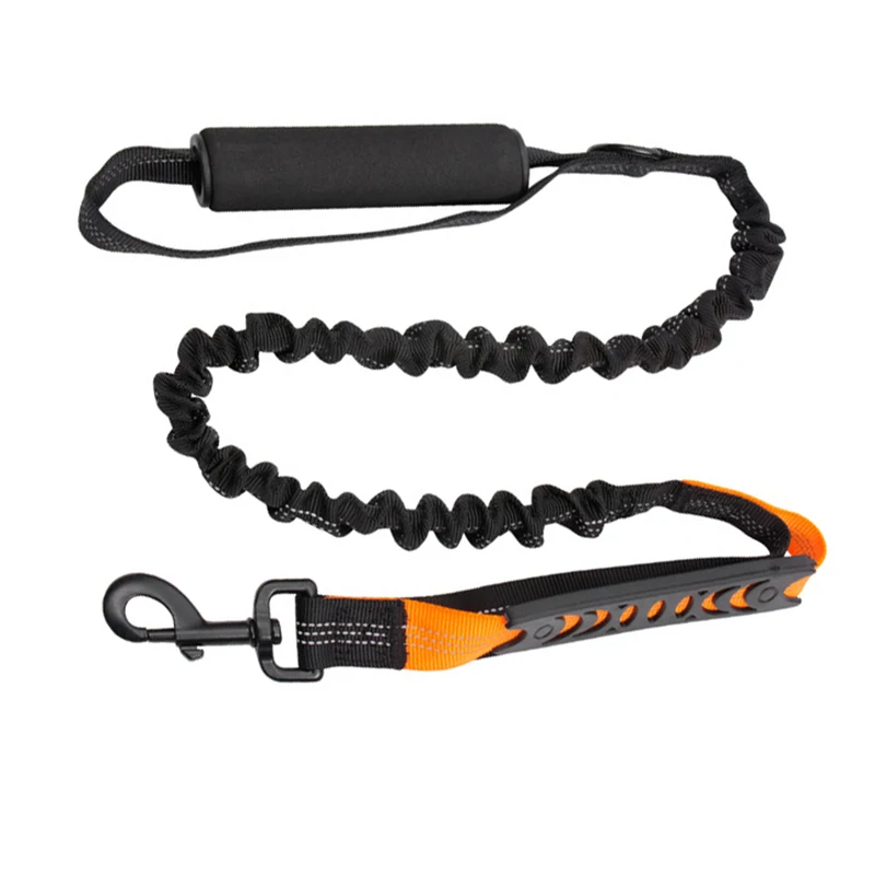 Black and orange dog leash with padded handle and bungee shock absorber section