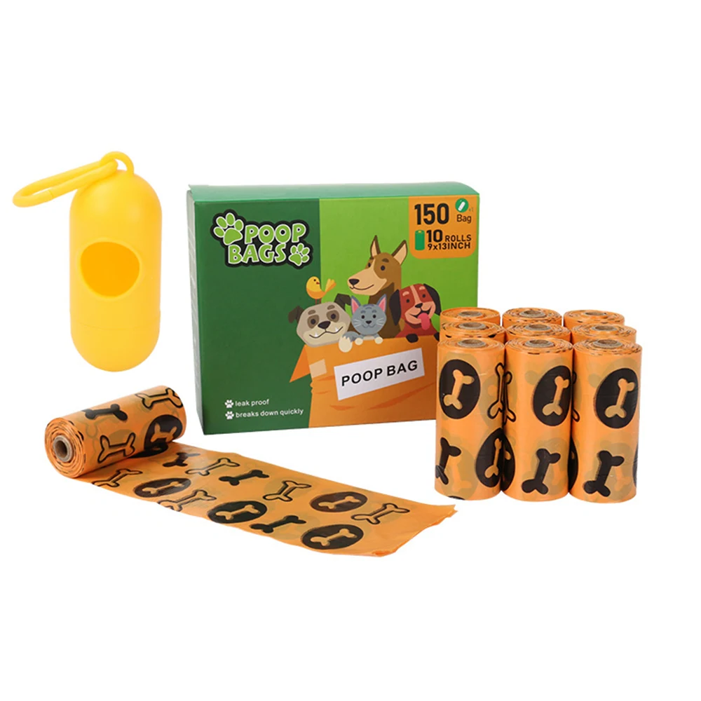 Set of orange dog poop bags with bone pattern, box packaging, and yellow dispenser