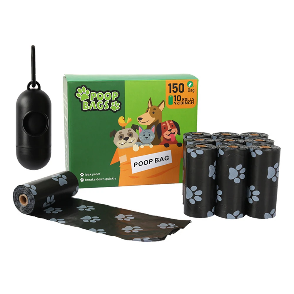 A box of dog poop bags, a roll of bags, and a black bag dispenser.