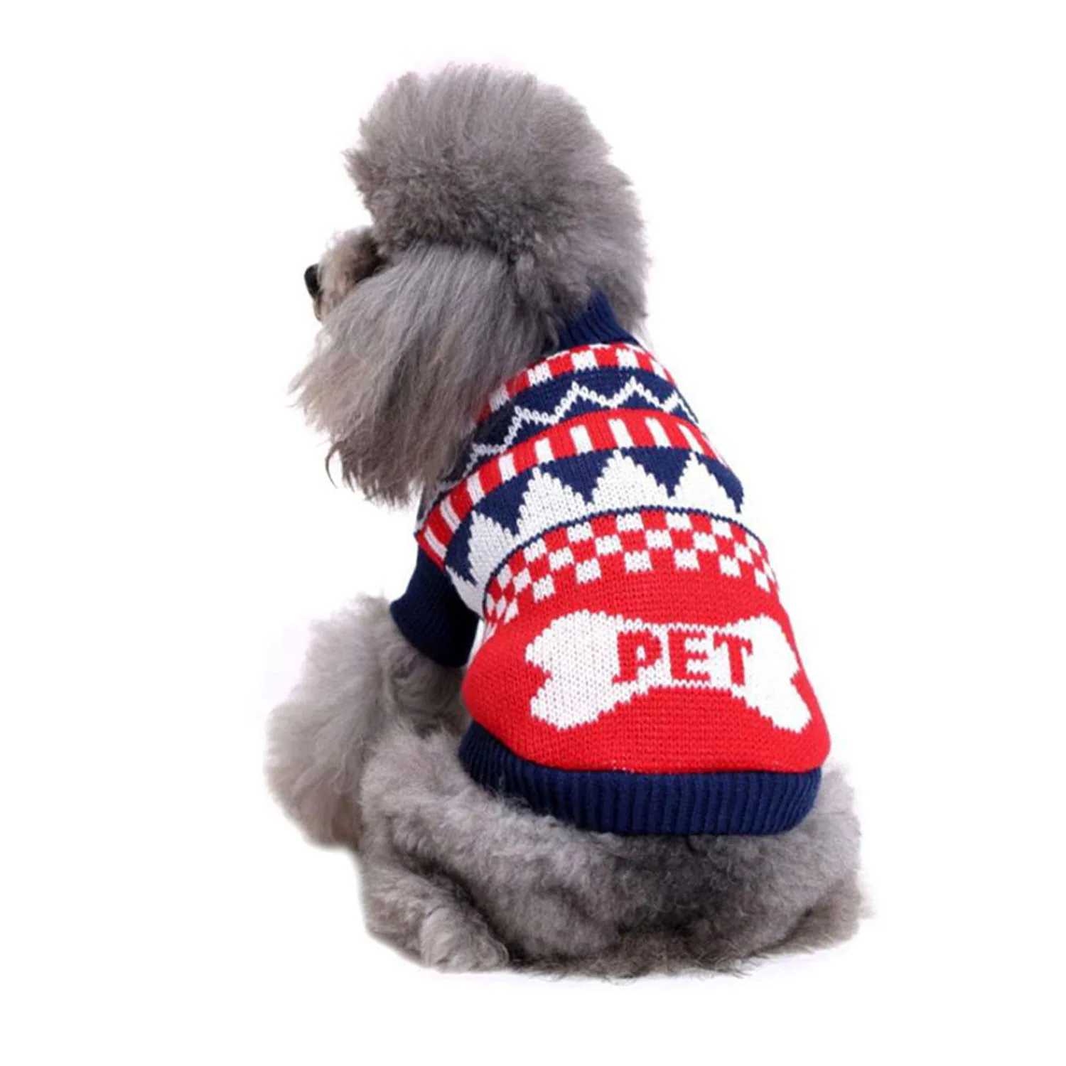 Grey poodle wearing a red, white, and blue patterned knit sweater