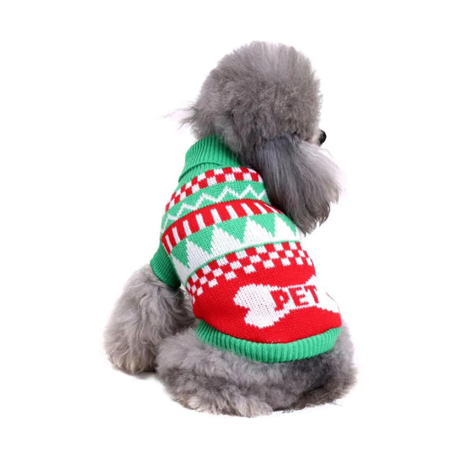 A gray poodle viewed from behind wearing a red and green knitted sweater with Christmas tree patterns.