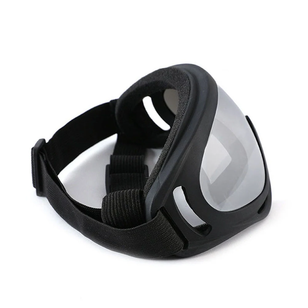 Black protective safety goggles with clear lens and adjustable elastic strap on a white background
