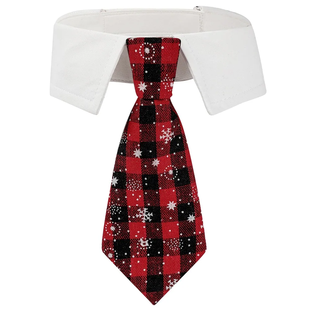 Red and black plaid necktie with snowflake print attached to a white dress shirt collar
