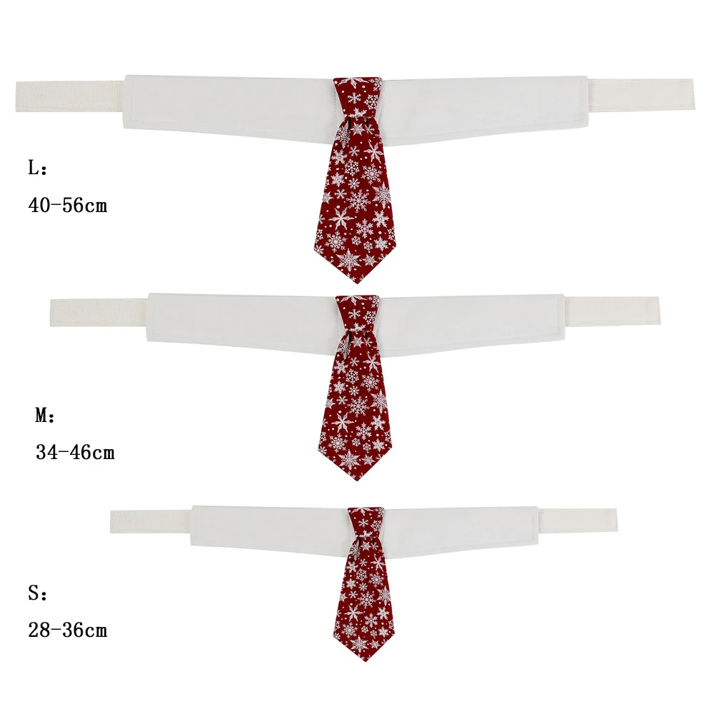 Three pre-tied red snowflake patterned ties attached to white shirt collars, displayed in large, medium, and small sizes.