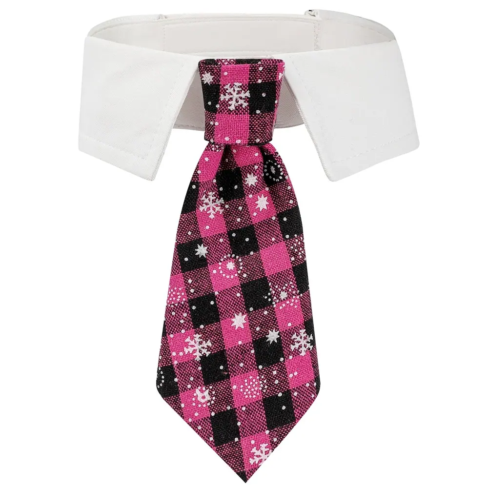 Pink and black plaid necktie with white snowflake patterns displayed on a white shirt collar