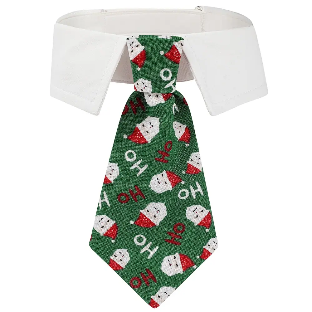 Green necktie featuring a pattern of cartoon Santa Claus faces and Ho Ho Ho text, displayed on a white shirt collar.