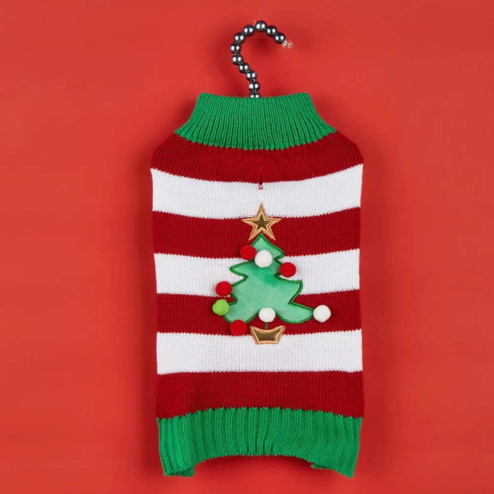 Red and white striped knitted pet sweater with a Christmas tree applique on a hanger