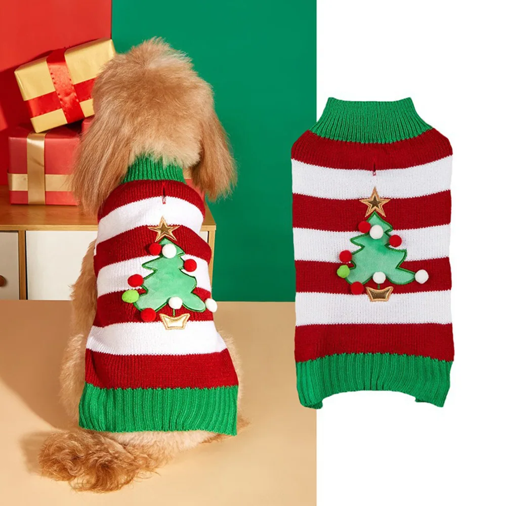 Striped red and white dog sweater with a green Christmas tree design, shown worn by a dog and as a flat product view.