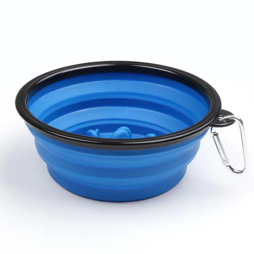 Blue collapsible silicone bowl with black rim and carabiner