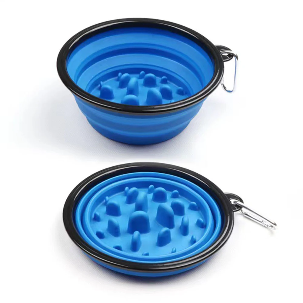 Collapsible blue silicone pet bowl with nubs shown expanded and collapsed on white background