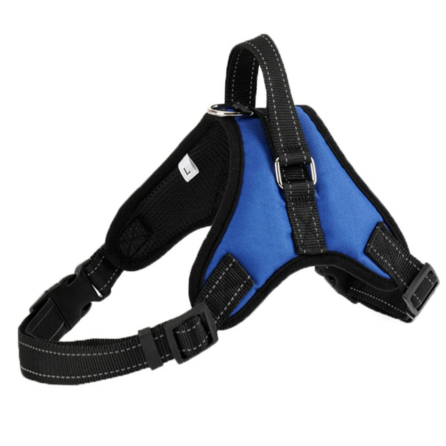 Blue and black dog harness with adjustable straps and a metal D-ring