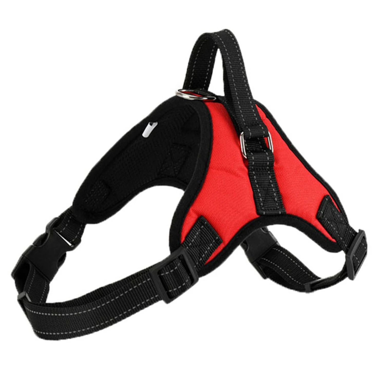 Red and black dog harness with reflective stitching, metal D-ring, and adjustable straps