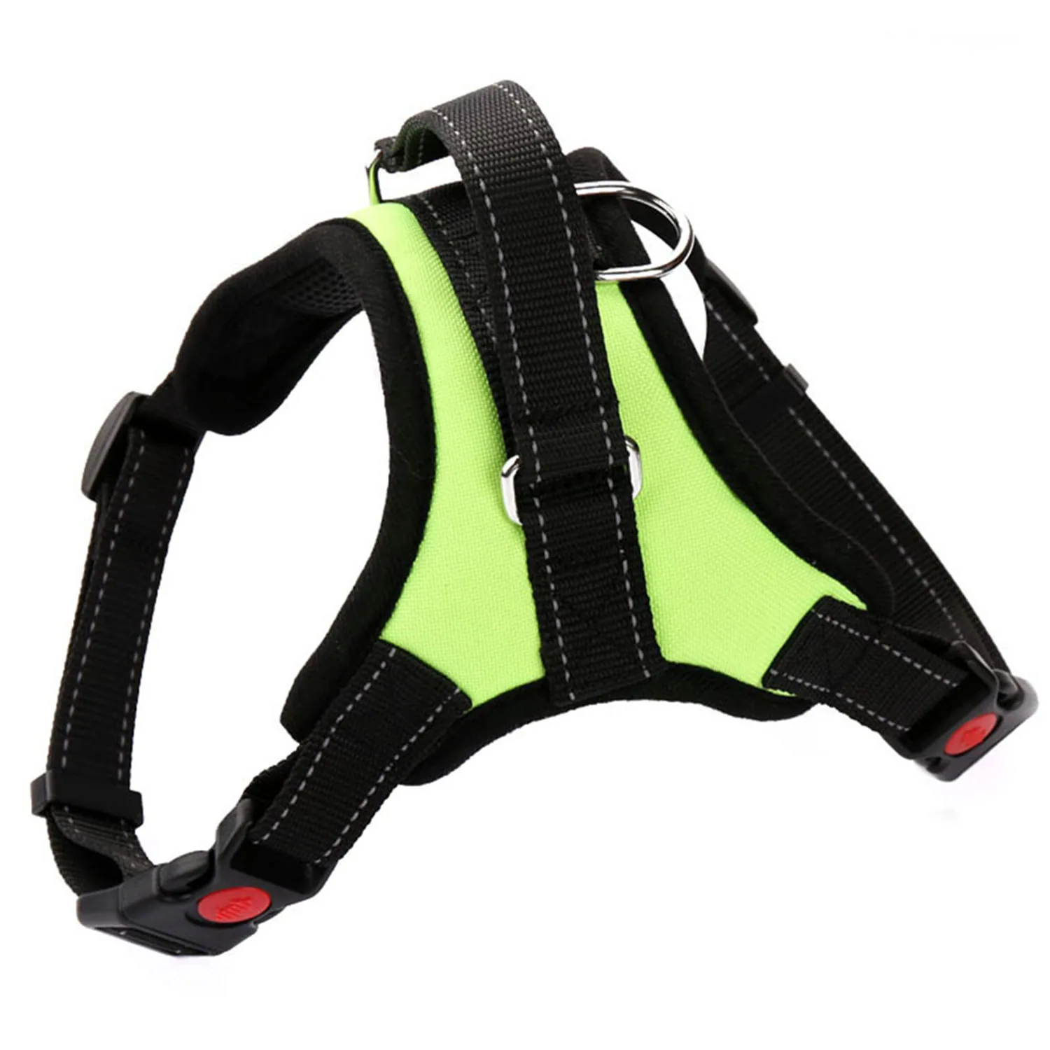 Lime green and black dog harness with adjustable straps and metal rings on a white background.