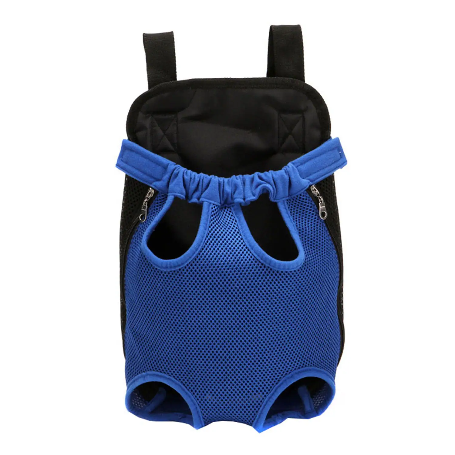Blue mesh pet backpack carrier with black straps and zippers on a white background.