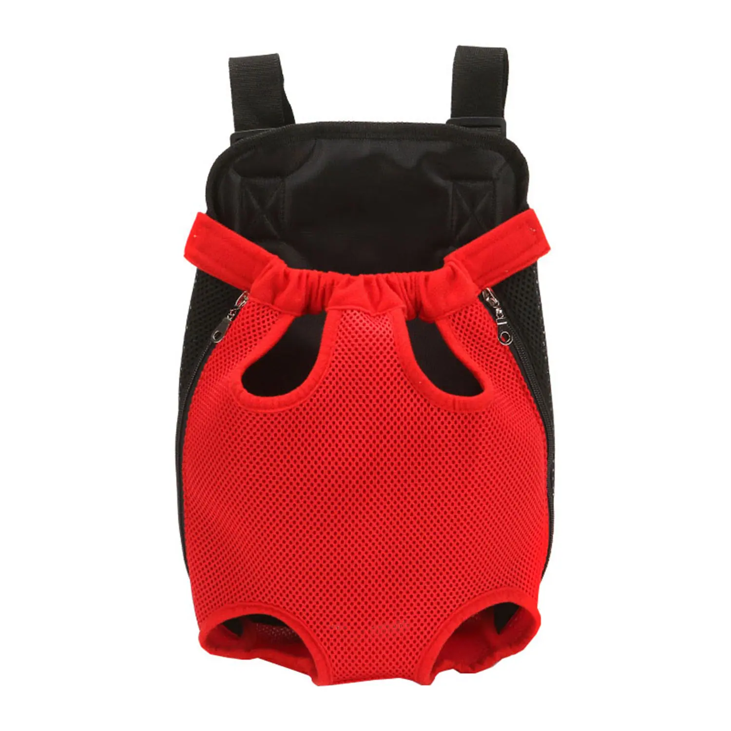 Red mesh and black fabric pet carrier backpack with shoulder straps and leg openings.