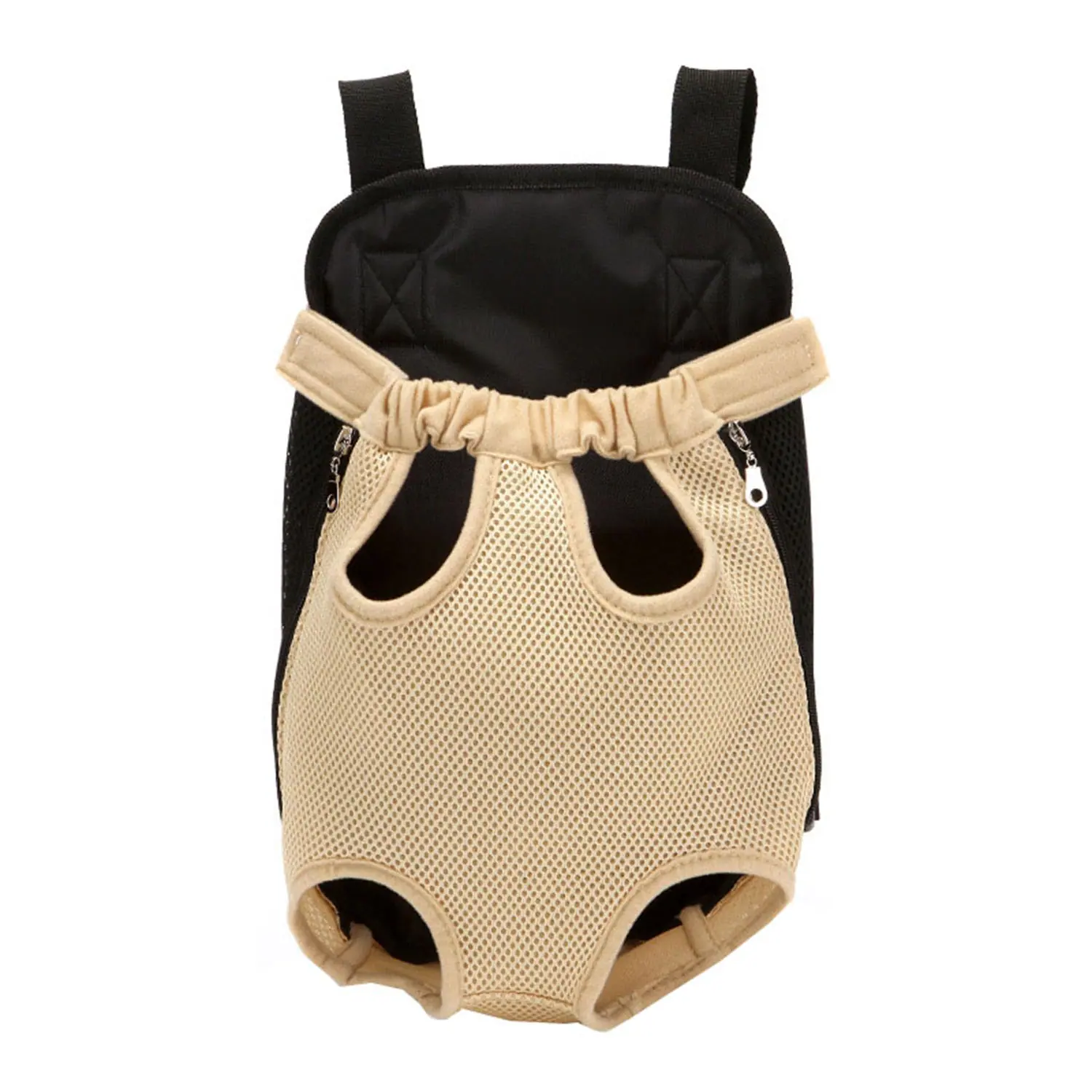 Beige mesh pet backpack carrier with black straps and zippers on a white background