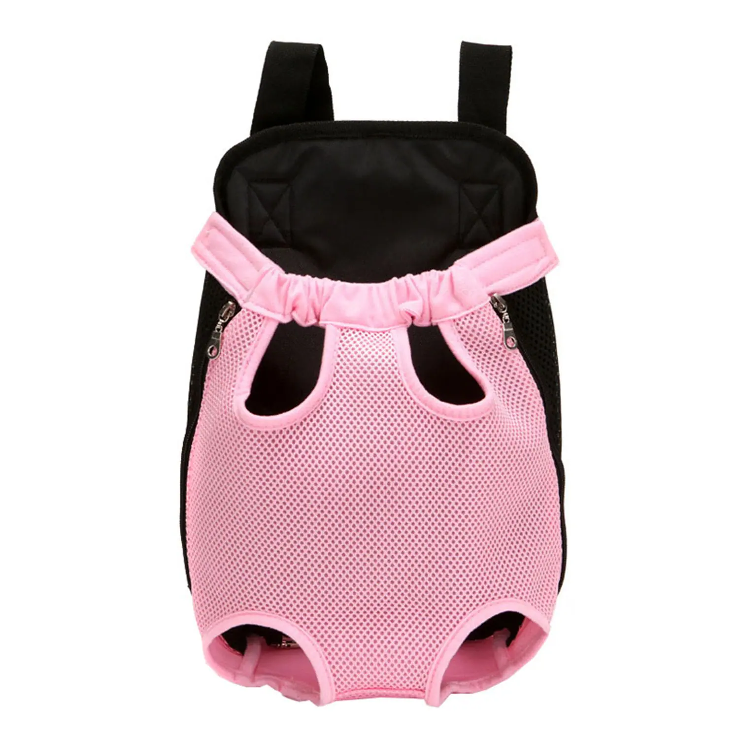 Pink mesh pet carrier backpack with black straps and side zippers on a white background