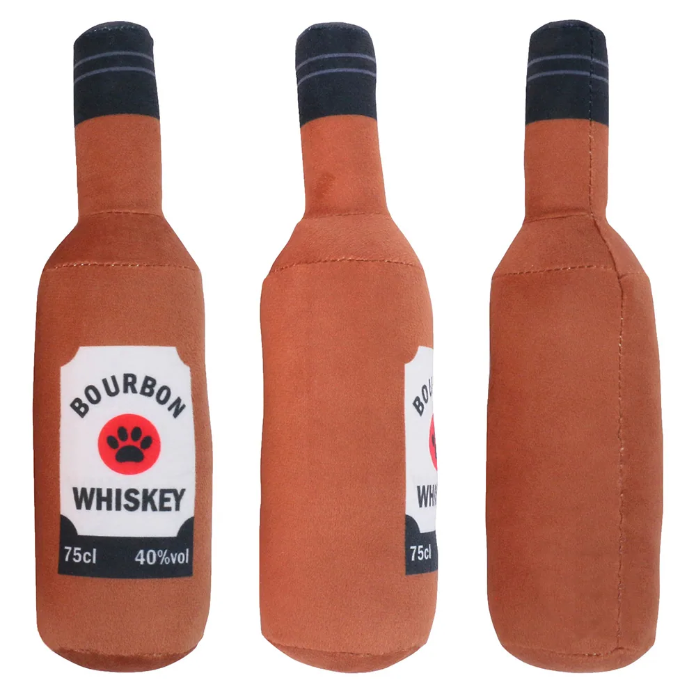 Three views of a plush brown bourbon whiskey bottle toy with a label and black neck.