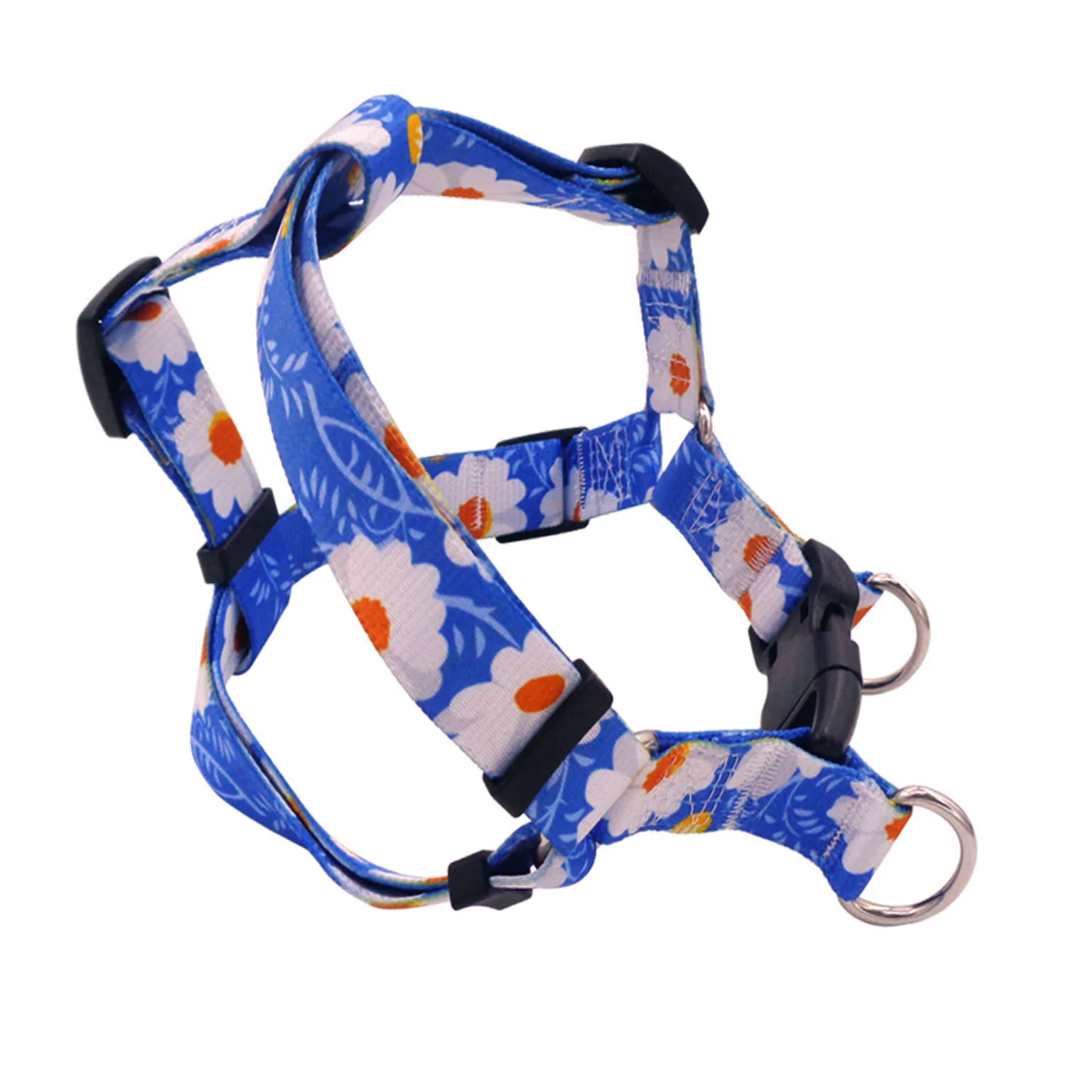 Blue dog harness with a white and orange floral pattern, featuring black plastic buckles and metal D-rings.
