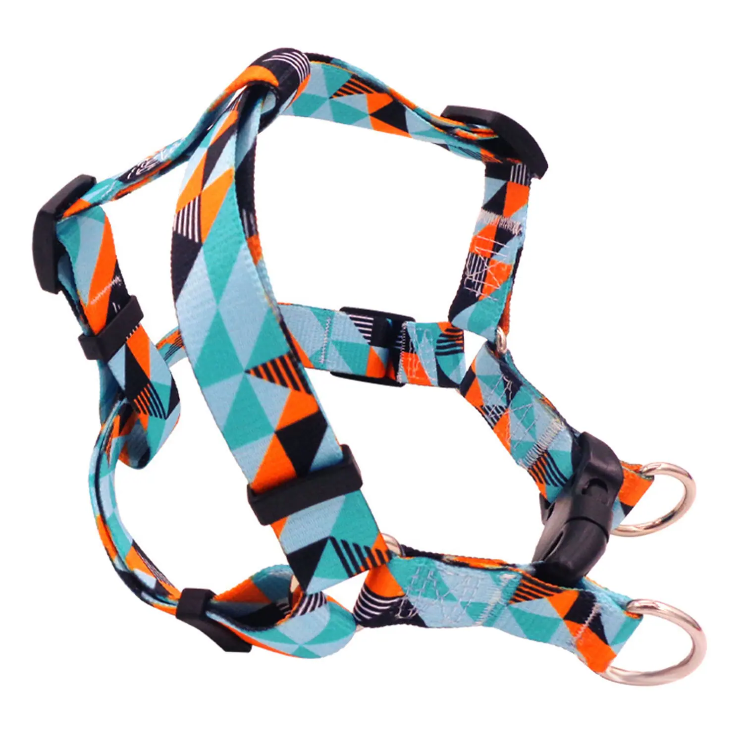 Adjustable dog harness with a geometric pattern in teal, orange, and black on a white background