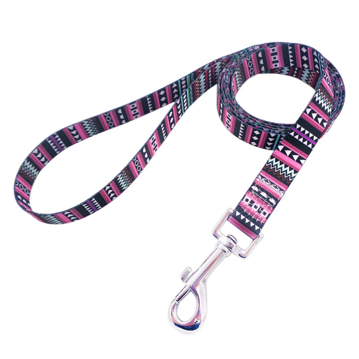 A coiled dog leash with a pink, purple, and black geometric Aztec-style pattern and a silver metal clip.