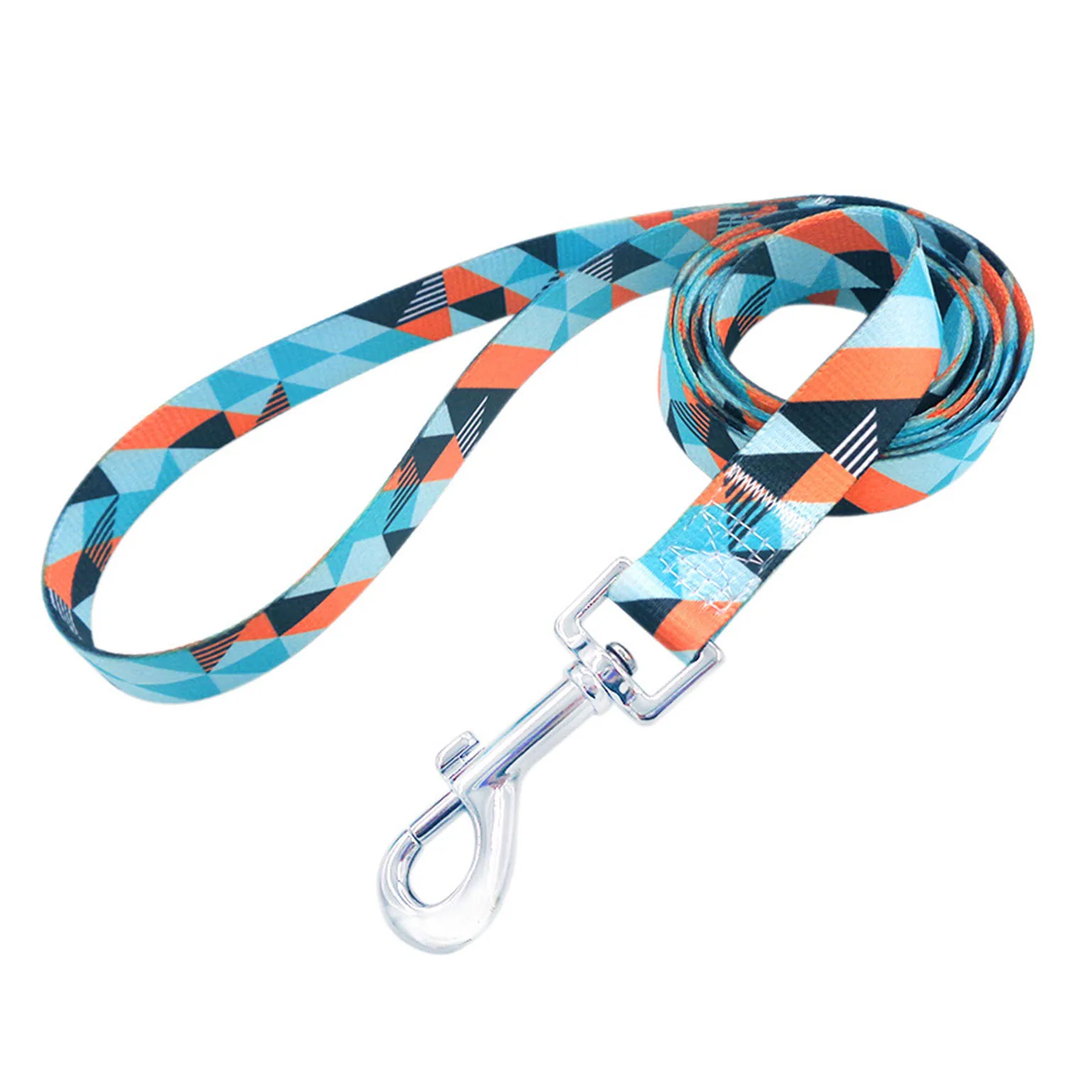 Coiled dog leash with blue, orange, and black geometric pattern featuring a metal clasp.