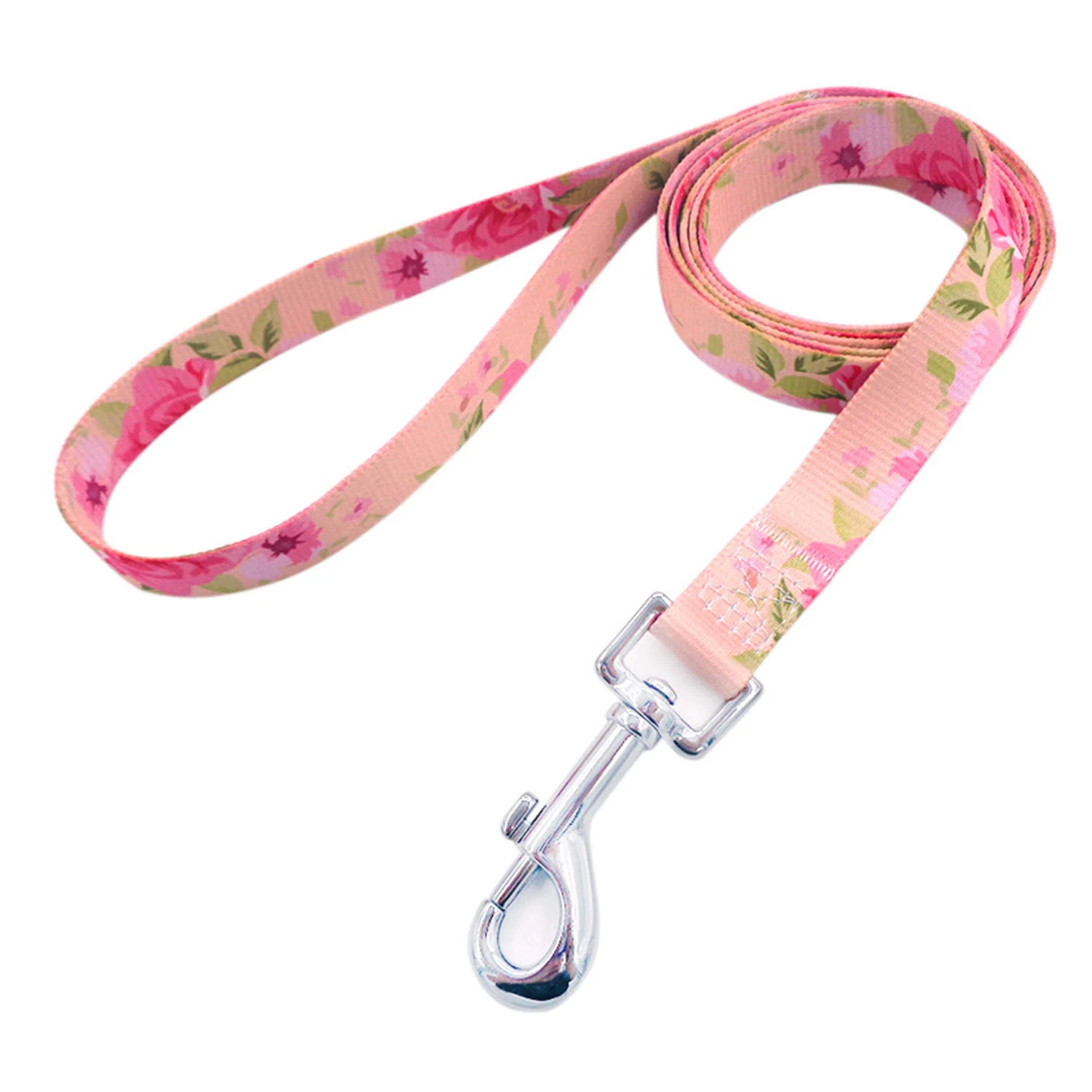 Coiled pink floral patterned dog leash with silver metal clasp on white background