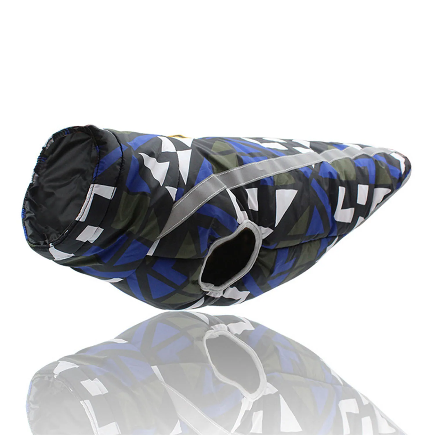 Camouflage patterned fabric horse fly mask with white geometric accents and a reflective strip