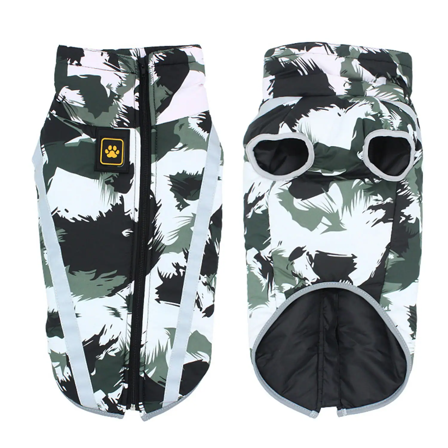 Front and back view of a green and white camouflage patterned dog coat