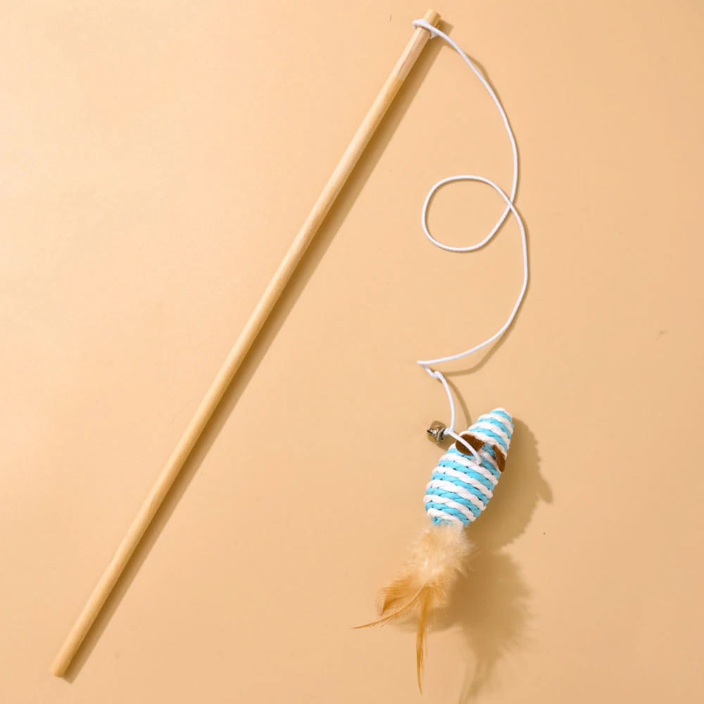 A cat teaser wand with a wooden handle and a blue and white striped plush toy attachment with feathers.