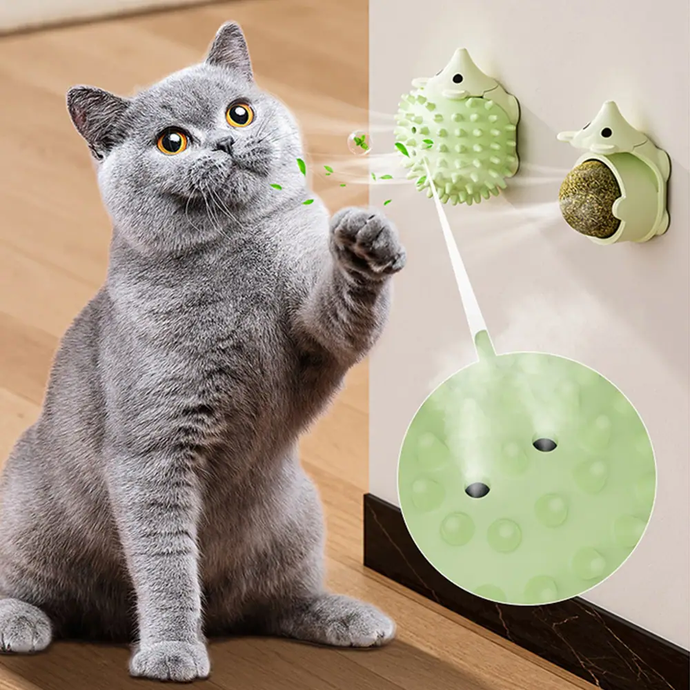Grey cat interacting with a wall-mounted catnip dispenser toy featuring a spiky ball and refillable pouch.