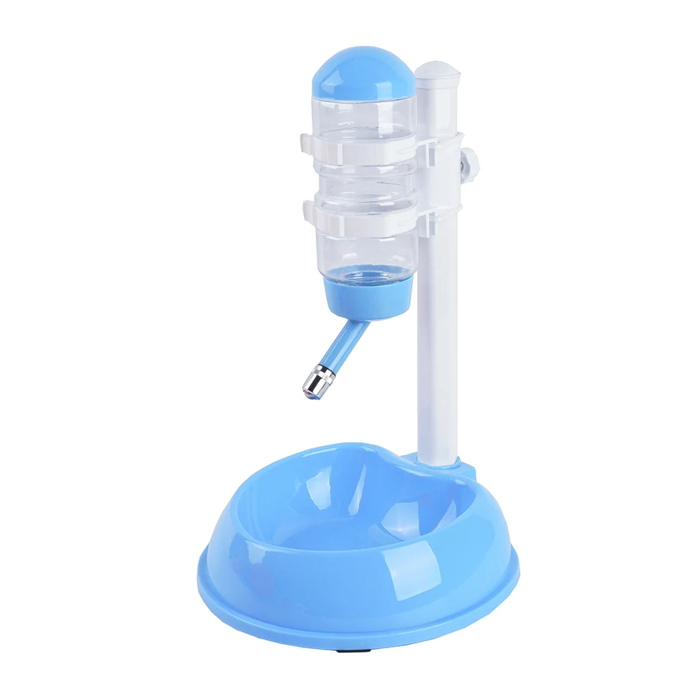 Blue and white plastic poultry waterer with a hanging cup and a base bowl