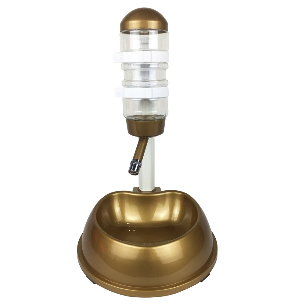 Gold and white automatic pet water dispenser with clear reservoir and metal bowl