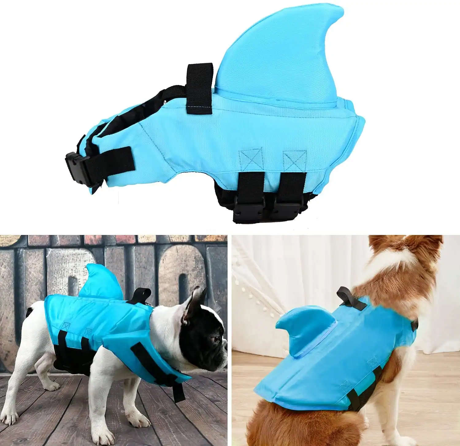 A collage showing a light blue dog life jacket with a shark fin, including a product shot and two photos of dogs wearing it.