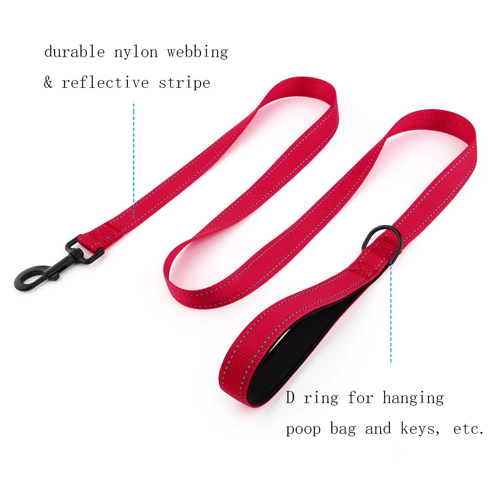 Red nylon dog leash with metal clip and D-ring, featuring reflective stitching and padded handle.