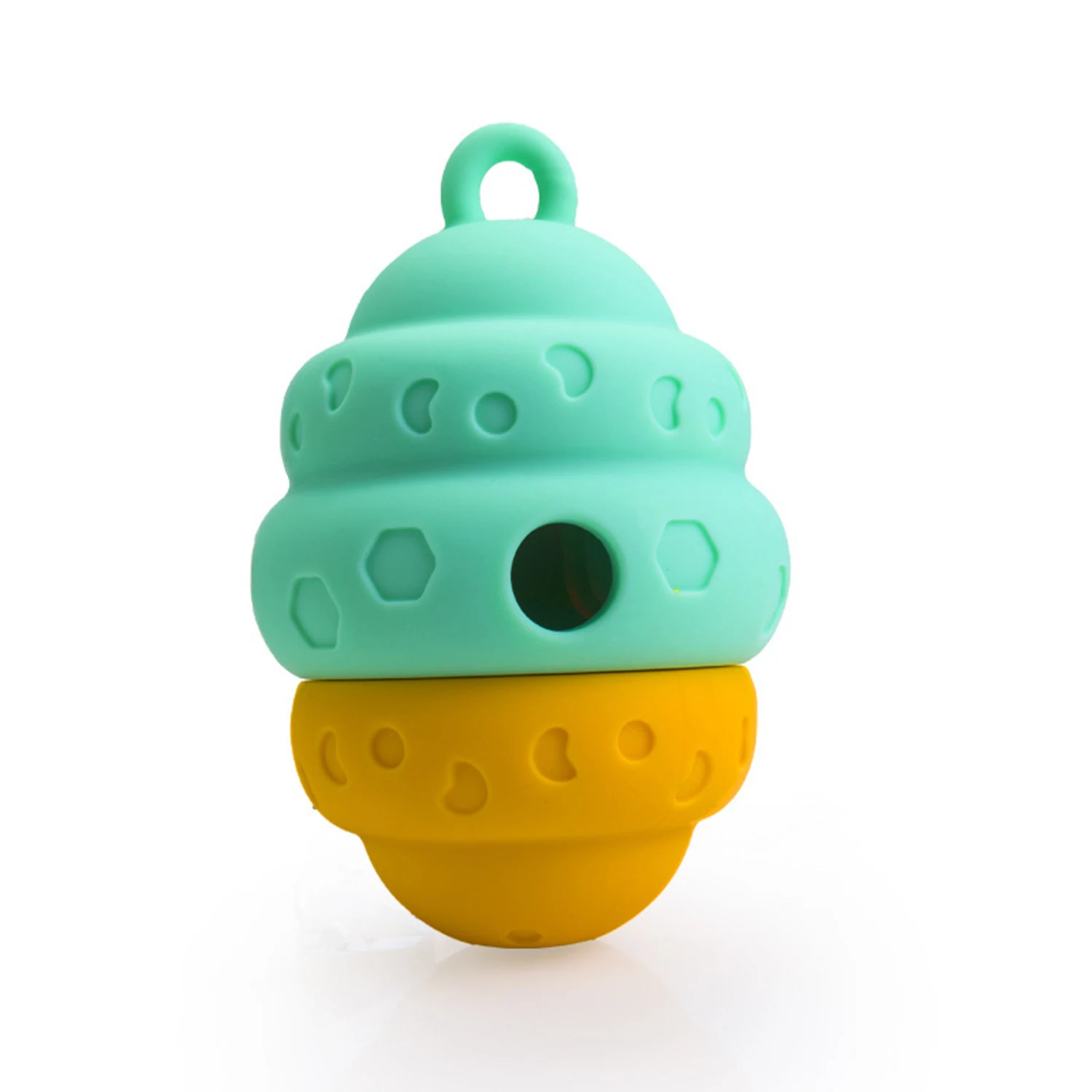 Teal and yellow two-tone silicone treat dispensing toy with a loop handle