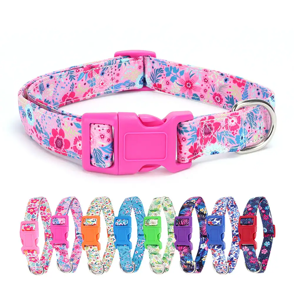 Pink floral dog collar with buckle and D-ring, shown with seven color variations below